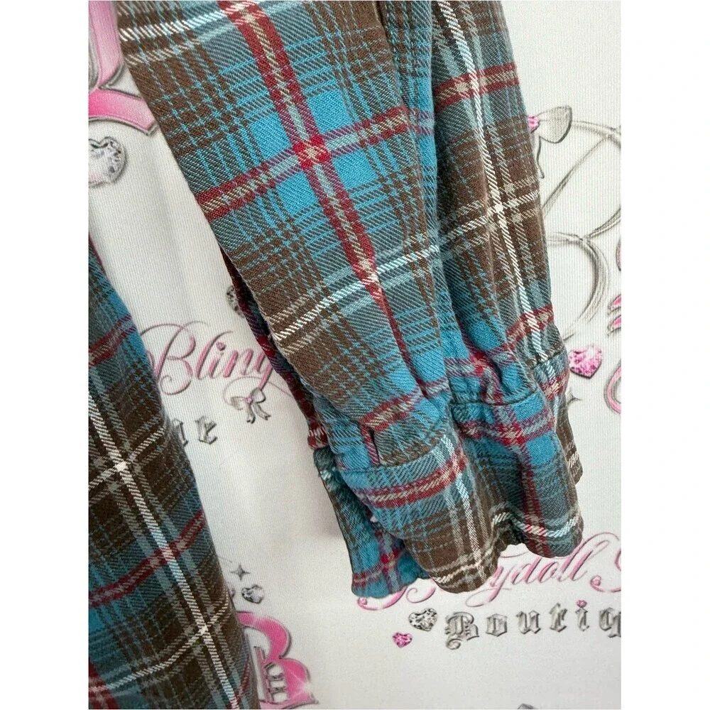 Shirt button up collared Mens Plaid Flannel Shirt - Brown & Blue red 44mm